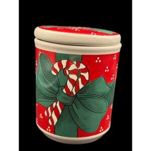 Vtg. Candy Cane Holiday Ceramic Storage Jar With Lid 4.5”